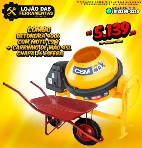 Combo Construção Betoneira 400l Com Moto Csm + Carrinho de Mão 45L Chapa 26 Esfera 