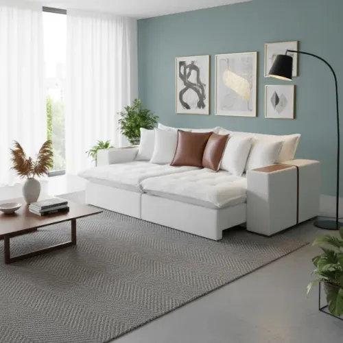 Sofá Cama Tebas 216cm 4 Lugares Retrátil e Reclinável Tecido Linho Innove