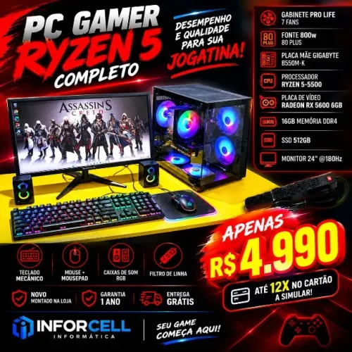 Pc Gamer Ryzen 5-5500 RX 5600 16gb Ram Ssd 512 Tela 24 180Hz