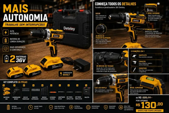 Furadeira e Parafusadeira 36V Deteley Kit Completo 26 Peças desconto à vista