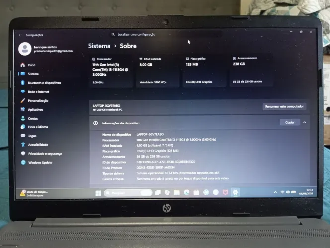 VENDO NOTEBOOK HP i3 11 GERAÇÃO 8GB 256 SSD NVME