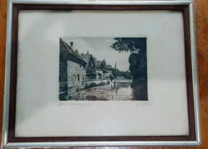 Gravura antiga europeia assinada a lápis c/ moldura e vidro - circa 1925 - 27 x 23 cm
