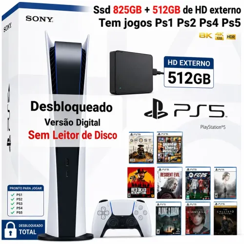 PlayStation 5 Desbloqueado 825GB+512GB Cheio de Jogos+Controle DualSense+Nota e Manual