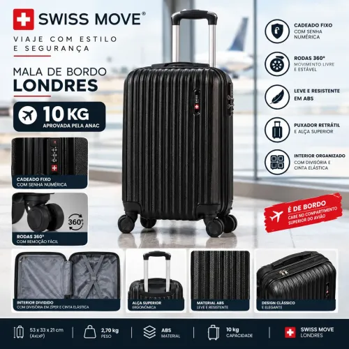 Mala de Bordo Swiss Move Londres Preta 10kg ABS 4 Rodas 360° com Cadeado