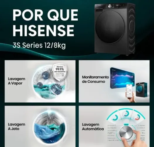 LANÇAMENTO LAVA e SECA HISENSE 12kg Wi-Fi Nova Nota fiscal 3S Motor InverterSteam Touch -