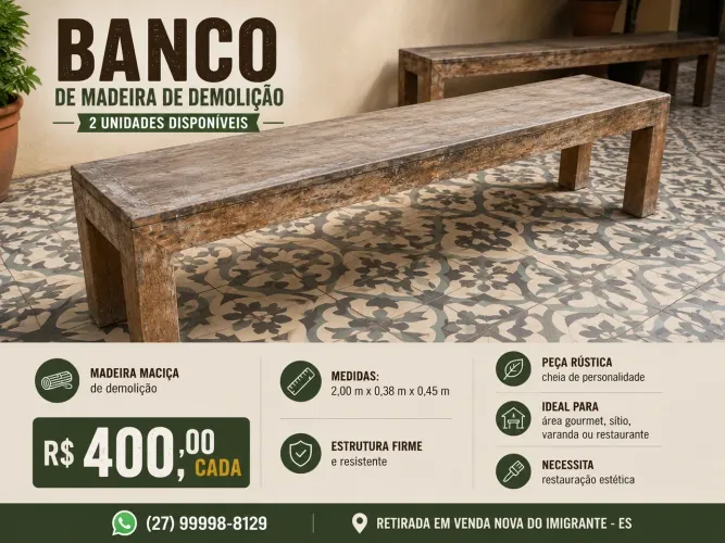 Bancos 2 metros Madeira de demolição