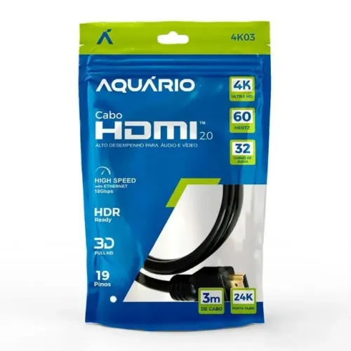 Cabo HDMI 2.0 3 Metros 19 Pinos Aquário