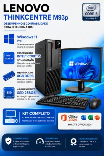 Kit PC Monitor teclado e mouse Lenovo M93p Intel I5 4ª Gen SSD 256gb + Win11/Office 2024