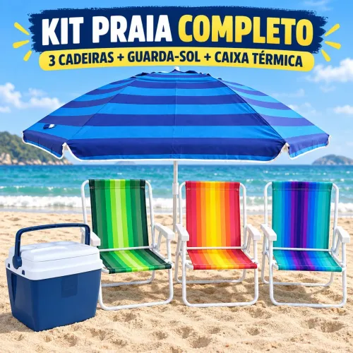 Kit de praia: 3 cadeiras, 1 cooler, 1 sombreiro