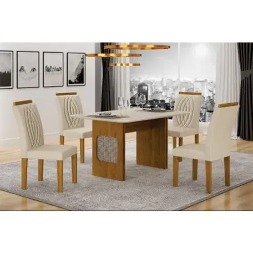 Mesa Lara Vidro Off W C/ 4 Cad - Freijo/palha