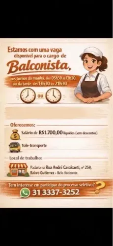 VAGA PARA ATENDENTE EM PADARIA 