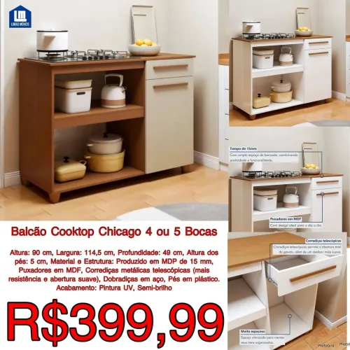 Balcão Cooktop Chicago 4 ou 5 Bocas