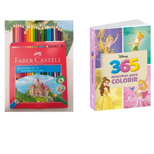 Lápis De Cor Sextavado Ecolapis 24 Cores Faber Castell + Livro Infantil 365 Desenhos Para 