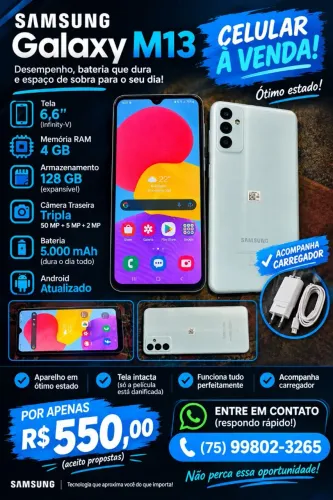 Estou vendendo meu Samsung Galaxy M13 por apenas R$ 550.
