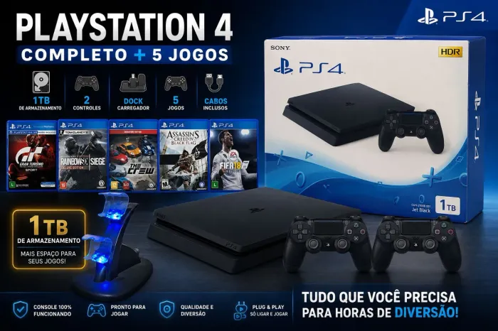 PS4 Completo! 2 Controles, 5 Jogos e Acessórios.