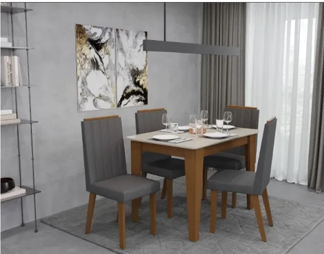 Mesa de jantar com vidro no tampo e 4 cadeiras estofadas com pés em madeira maciça -