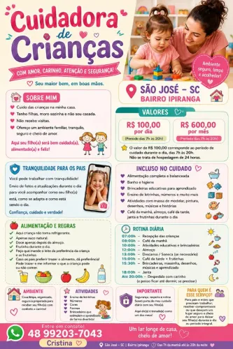 CUIDADORA DE CRIANÇAS - SÃO JOSÉ/SC - BAIRRO IPIRANGA