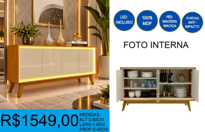 aparador - buffet - com led- pés em madeira maciça - compre e receba em 72 horas