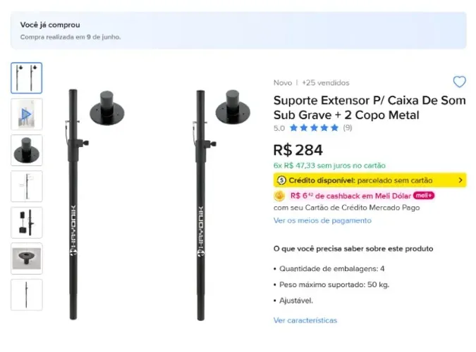 Suporte Extensor p/ caixa de som Sub Grave + 2 Copo Metal