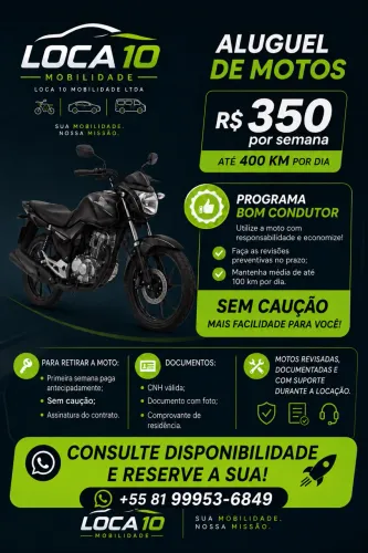 Locação de motos R$350,00 semanal - sem caução