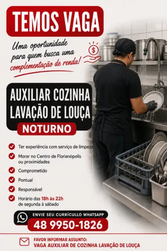 VAGA PARA AUXILIAR DE COZINHA - LAVAÇÃO DE LOUÇA