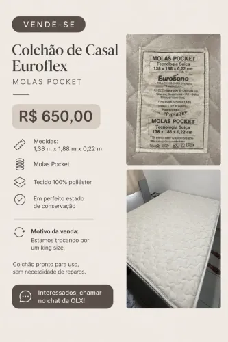 colchão de casal Euroflex, modelo Molas Pocket, com tecnologia suíça.