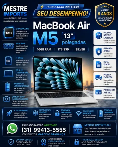 MacBook Air M5 13 polegadas 16GB RAM 1TB SSD Silver Novo Lacrado Nota Fiscal