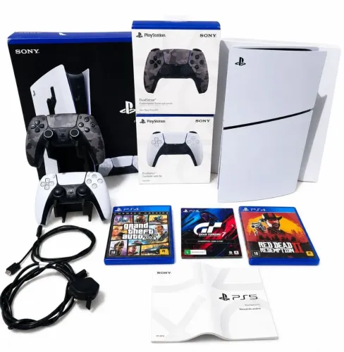 PS5 SLIM 1 TERA + 2 CONTROLES ORIGINAIS + DOCK CARREGADOR + 30 JOGOS NA CAIXA COM MANUAL