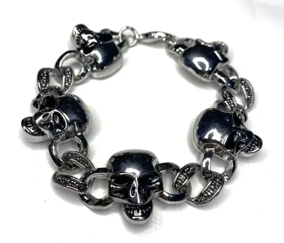 Pulseira Bracelete Caveira Aço Inox Rock Gótico Motociclista Emo Metaleiro