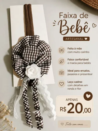 Faixa de bebê artesanal com laço xadrez e flor