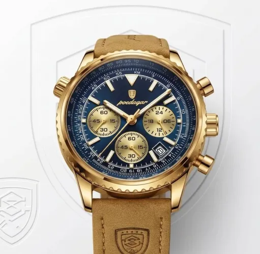 Relógio Luxuoso Poedagar 960 Golden BLUE com Cronógrafo e Pulseira Nobuck Camurça Caramelo
