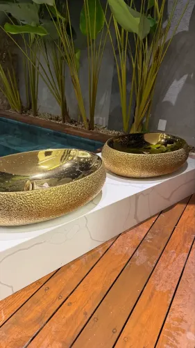 Conjunto Luxo Banheiro Duplo Dourado | 2 Cubas + 2 Torneiras + Bancada