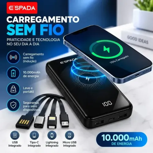 Carregador Power Bank 10000mah 3.1a Com Indução Usb Portátil
