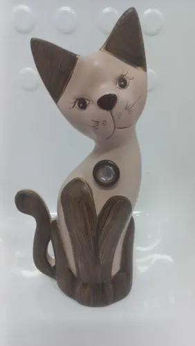 Cerâmica Decorativa Gato Bege e Marrom de Enfeite Grande 35 cm