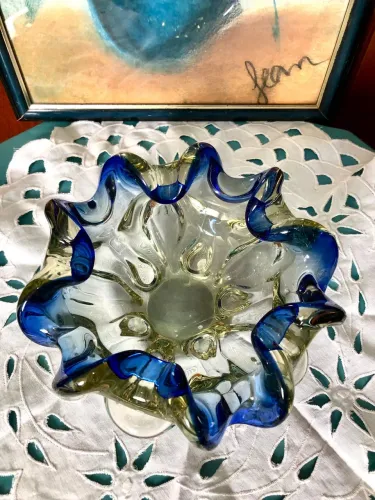 FLOREIRA/CINZEIRO MURANO CRISTAIS SÃO MARCOS DOUBLÉ AZUL.PEÇA ÚNICA.VINTAGE.