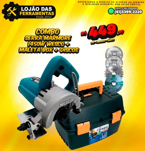 Combo Serra Mármore 1450w Wesco + Maleta Box + Discos