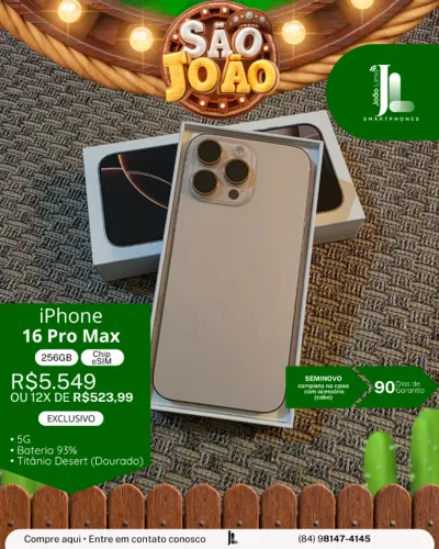 IPHONE 16 PRO MAX, CHIP ESIM, 256GB, DESERT, BAT 93%, SEMINOVO, EXCLUSIVO!