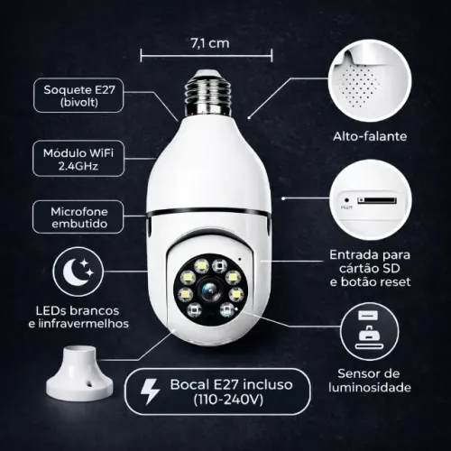 Câmera de Segurança Lâmpada Wi-fi 360° FHD Bocal E27 Visão Noturna (LEIA A DESCRIÇÃO)