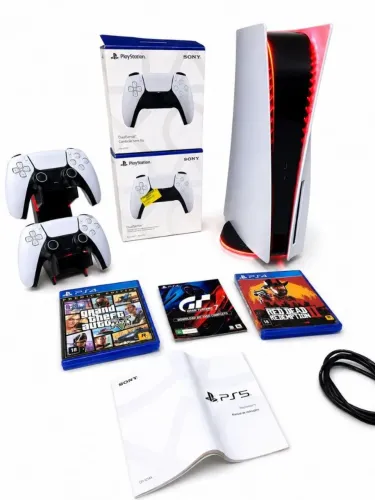 PS5 C/LEITOR / LED INTEGRADO + 2 CONTROLES ORIGINAIS + 30 JOGOS + SUPORTE + TODOS OS CABOS