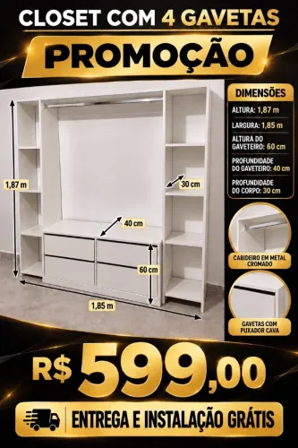 CLOSET CM 4 GAVETAS MDF NOVO ENTREGA INSTALAÇÃO GRÁTIS