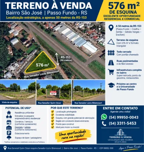 Excelente Terreno de esquina com 576 m², a 50 m da RS-153, Bairro São José PF 