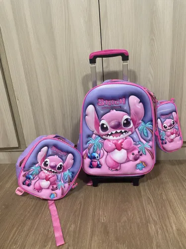 Kit mochila Stitch escolar lancheira e estojo completo para menina com rodinha