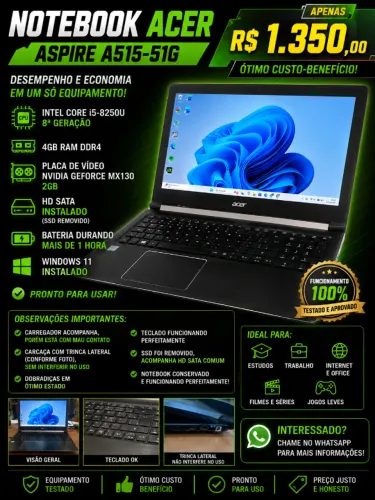 Notebook Acer aspire A515 51g i5 de 8 th 4 gb ram