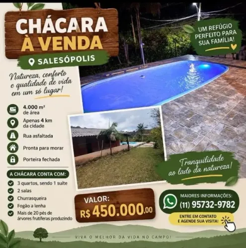 CHÁCARA À VENDA EM SALESÓPOLIS PORTEIRA FECHADA Chácara com 4.000 m²