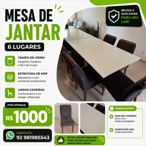 Mesa de jantar 6 lugares com cadeiras