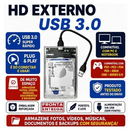 HD EXTERNO PORTÁTIL 1TB- USB 3.0 CASE TRANSPARENTE, PS2 PS3 PS4 PS5 XBOX PC NOTEBOOK