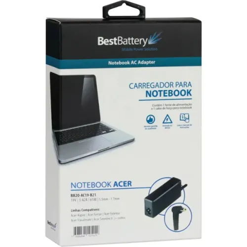 FONTE NOTEBOOK COMPATIVEL ACER 19V 3.42A 65W 5.5MM X 1.7MM - LOJA DADO DIGITAL