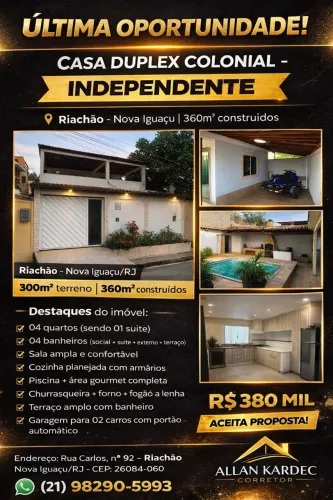 Vendo casa duplex, 03 quartos com piscina, e churrasqueira. Bairro: Viga, Nova Iguaçu/RJ.