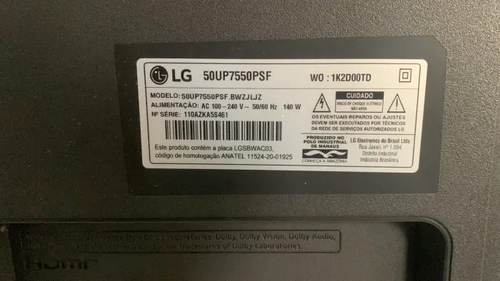 LG Smart TV 50? 4K 50UP7550PSF - Liga, Tela Quebrada - Para Peças