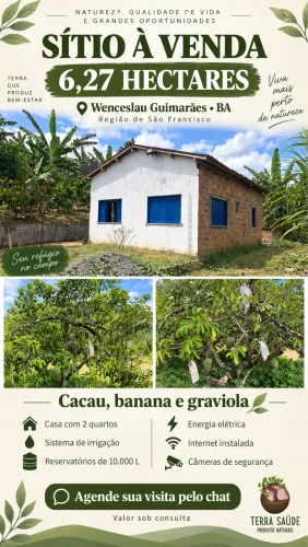 Sítio com casa e irrigação Cacau Graviola em Wenceslau Guimarães/BA